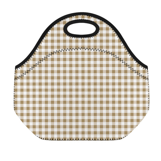 Tan And White Gingham Pattern Print Neoprene Lunch Bag