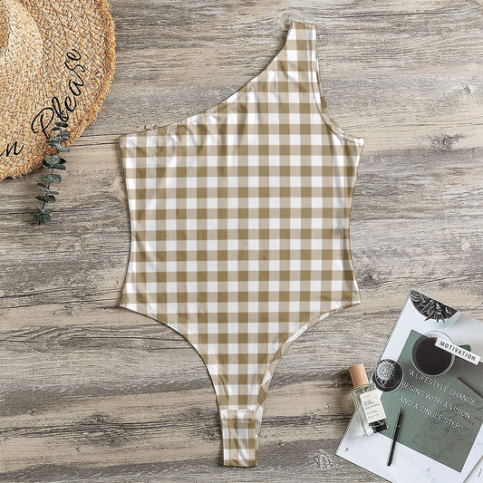Tan And White Gingham Pattern Print One Shoulder Bodysuit