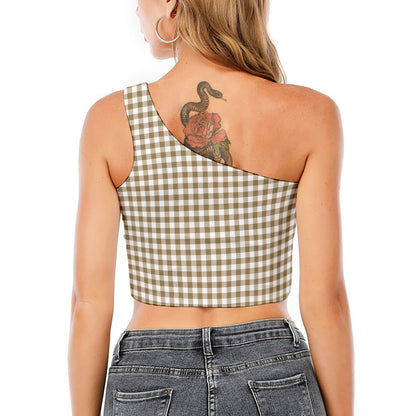 Tan And White Gingham Pattern Print One Shoulder Crop Top