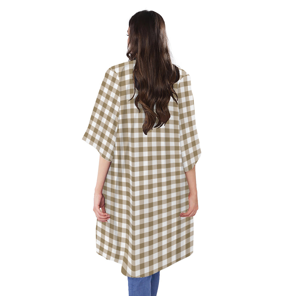 Tan And White Gingham Pattern Print Open Front Beach Cover Up