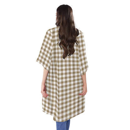 Tan And White Gingham Pattern Print Open Front Beach Cover Up