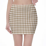 Tan And White Gingham Pattern Print Pencil Mini Skirt