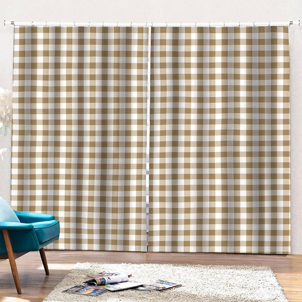 Tan And White Gingham Pattern Print Pencil Pleat Curtains