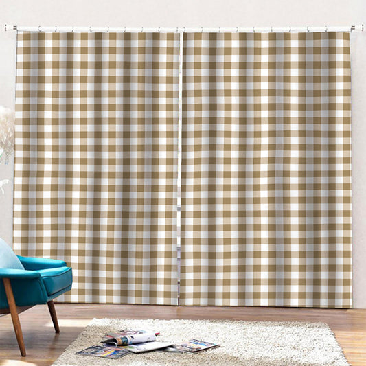 Tan And White Gingham Pattern Print Pencil Pleat Curtains