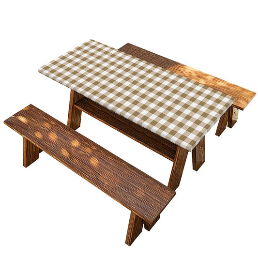 Tan And White Gingham Pattern Print Picnic Table Cover