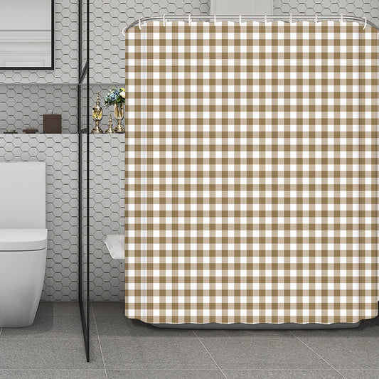 Tan And White Gingham Pattern Print Polyester Shower Curtain