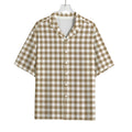 Tan And White Gingham Pattern Print Rayon Hawaiian Shirt