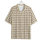 Tan And White Gingham Pattern Print Rayon Hawaiian Shirt