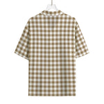 Tan And White Gingham Pattern Print Rayon Hawaiian Shirt