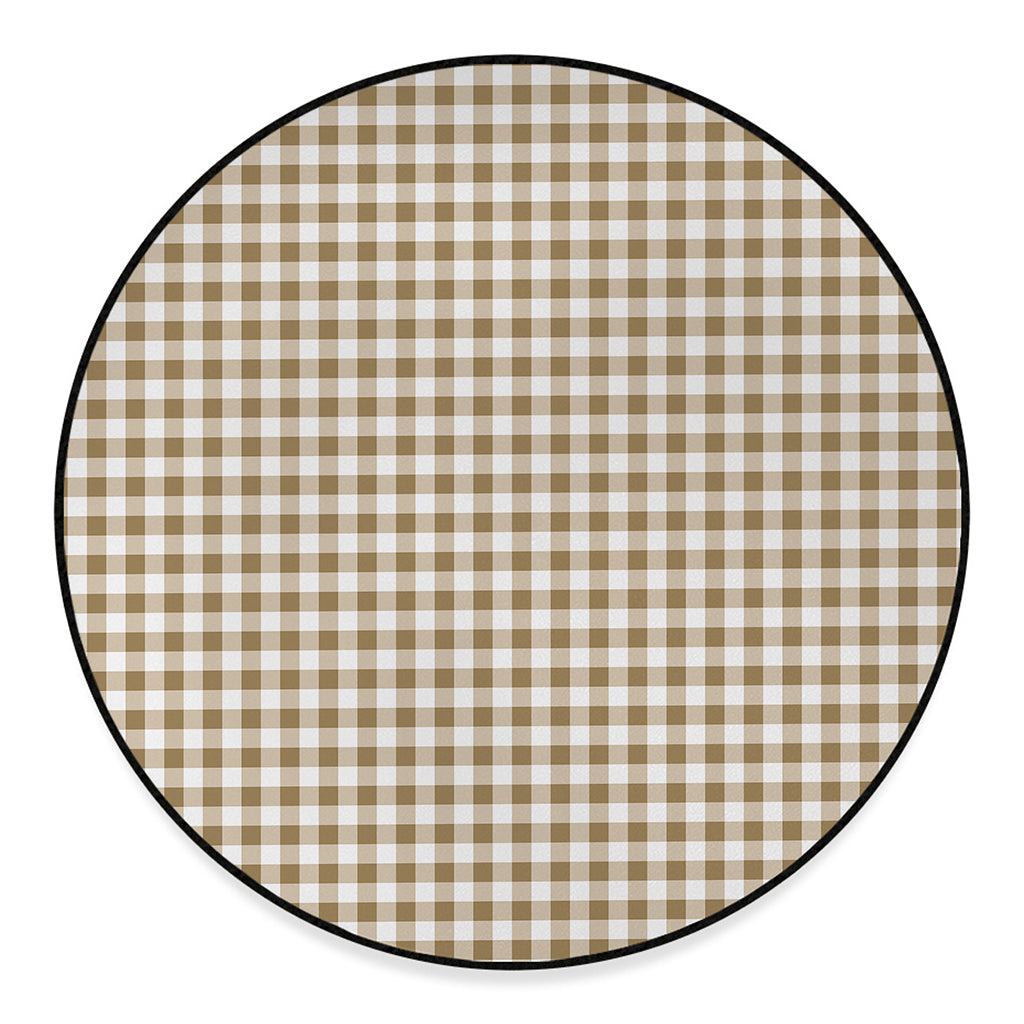 Tan And White Gingham Pattern Print Round Floor Mat