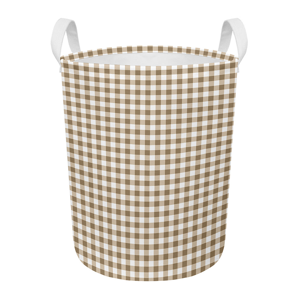 Tan And White Gingham Pattern Print Round Laundry Basket