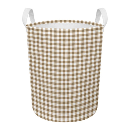Tan And White Gingham Pattern Print Round Laundry Basket