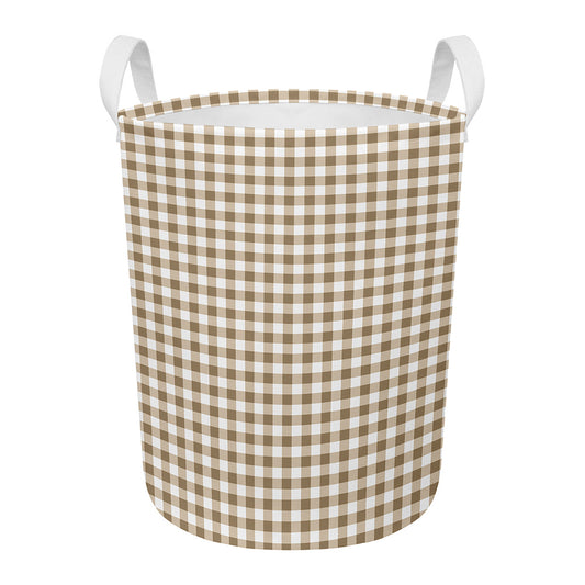 Tan And White Gingham Pattern Print Round Laundry Basket