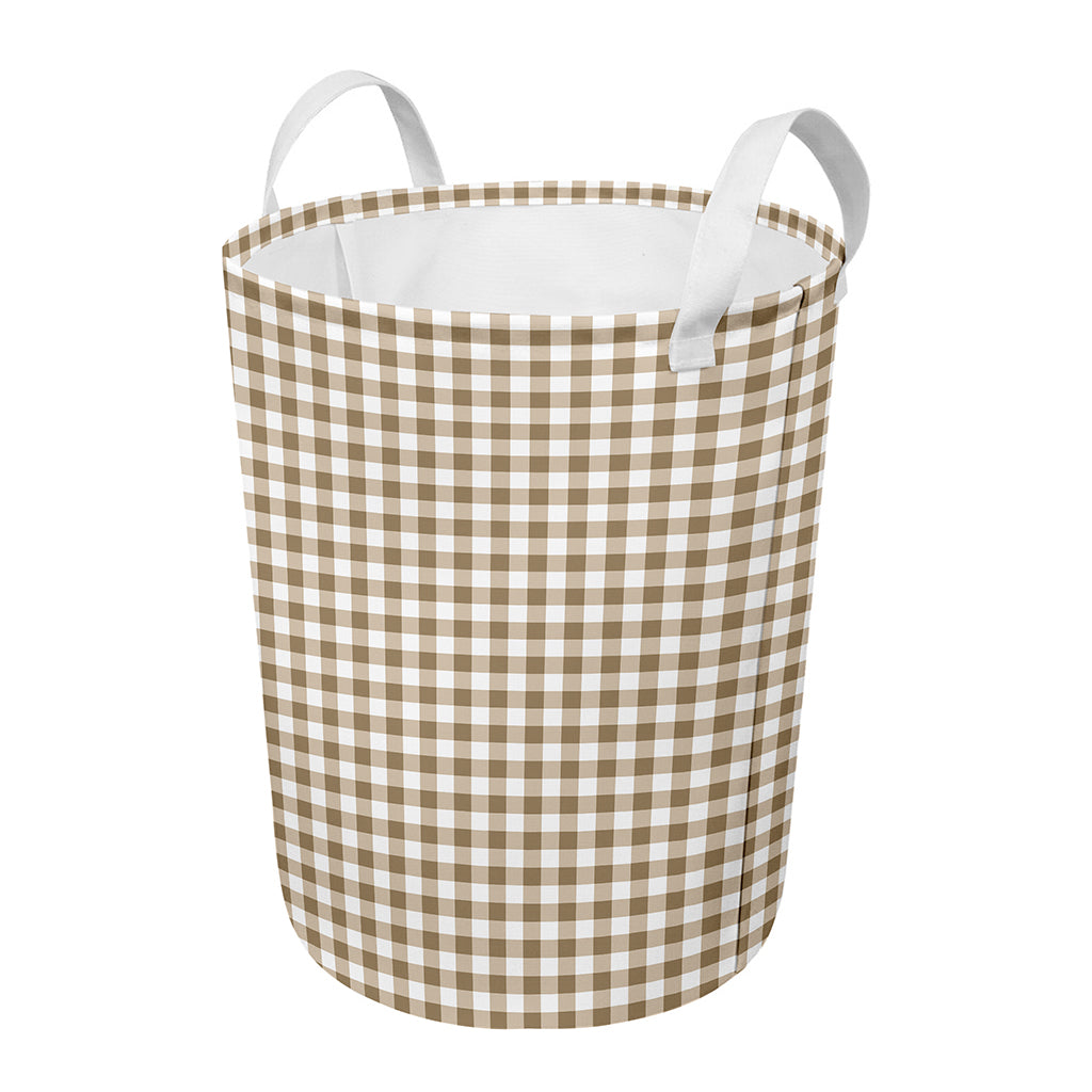 Tan And White Gingham Pattern Print Round Laundry Basket