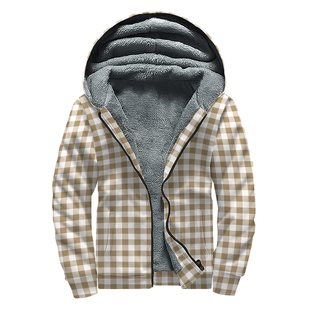 Tan And White Gingham Pattern Print Sherpa Lined Zip Up Hoodie