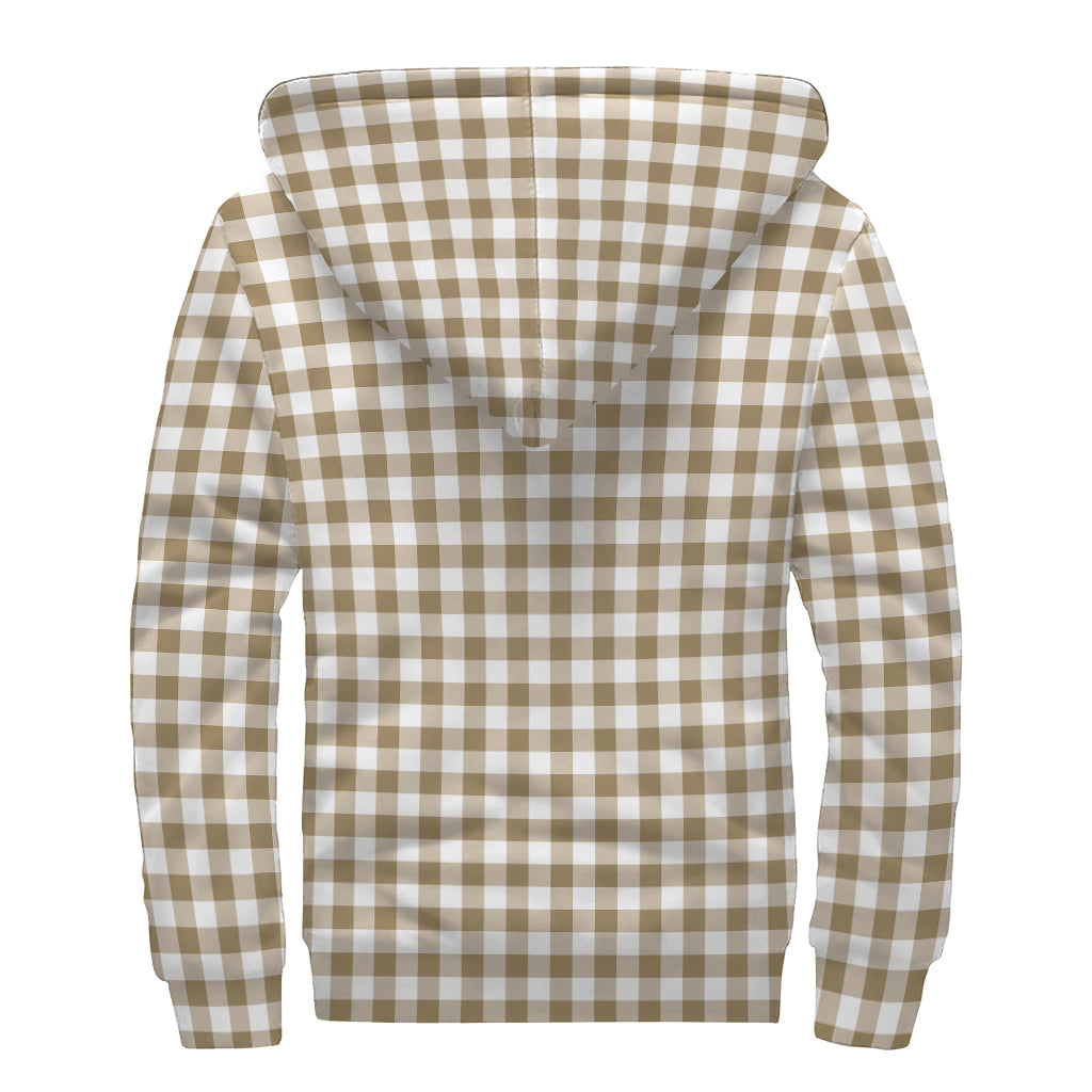 Tan And White Gingham Pattern Print Sherpa Lined Zip Up Hoodie
