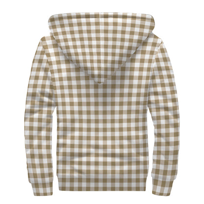 Tan And White Gingham Pattern Print Sherpa Lined Zip Up Hoodie