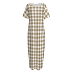 Tan And White Gingham Pattern Print Short Sleeve Long Nightdress