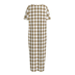 Tan And White Gingham Pattern Print Short Sleeve Long Nightdress