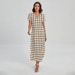 Tan And White Gingham Pattern Print Short Sleeve Maxi Dress