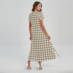 Tan And White Gingham Pattern Print Short Sleeve Maxi Dress