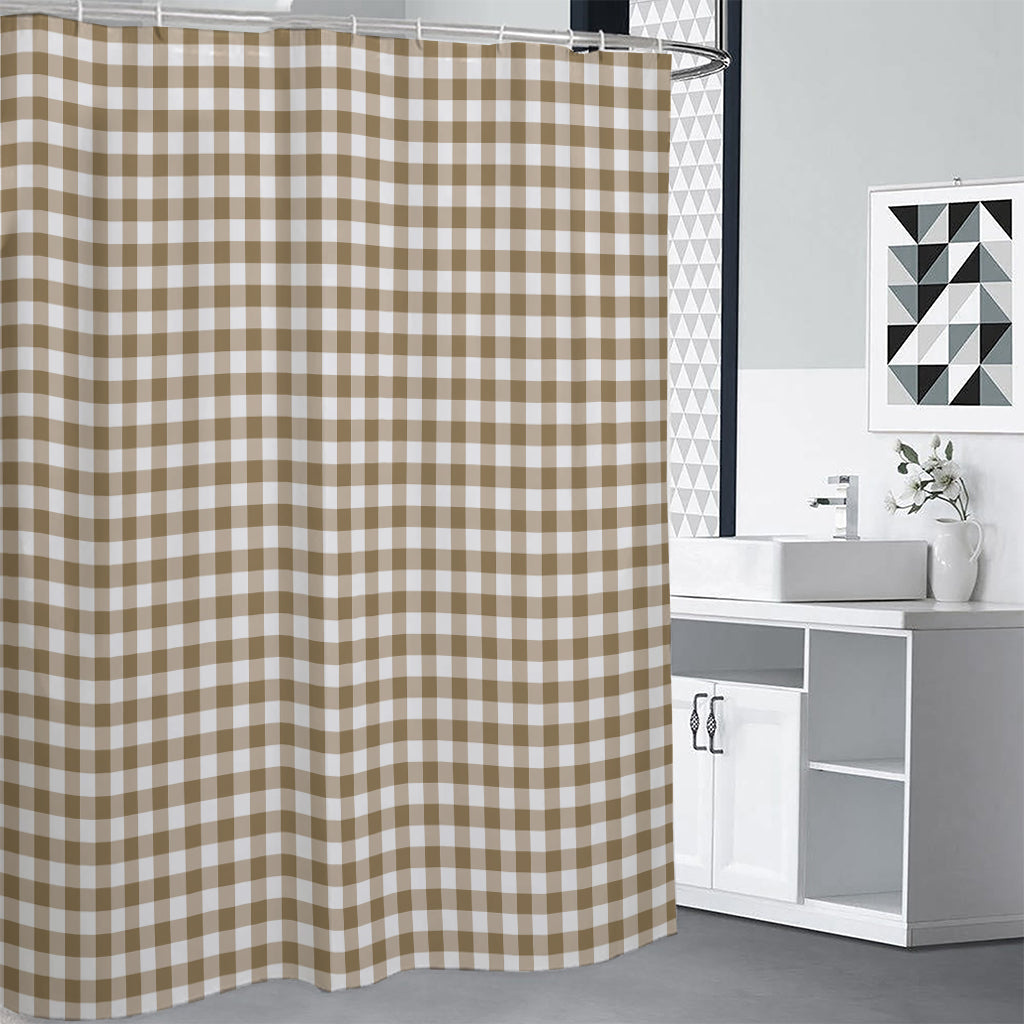 Tan And White Gingham Pattern Print Shower Curtain