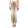 Tan And White Gingham Pattern Print Side Slit Maxi Skirt