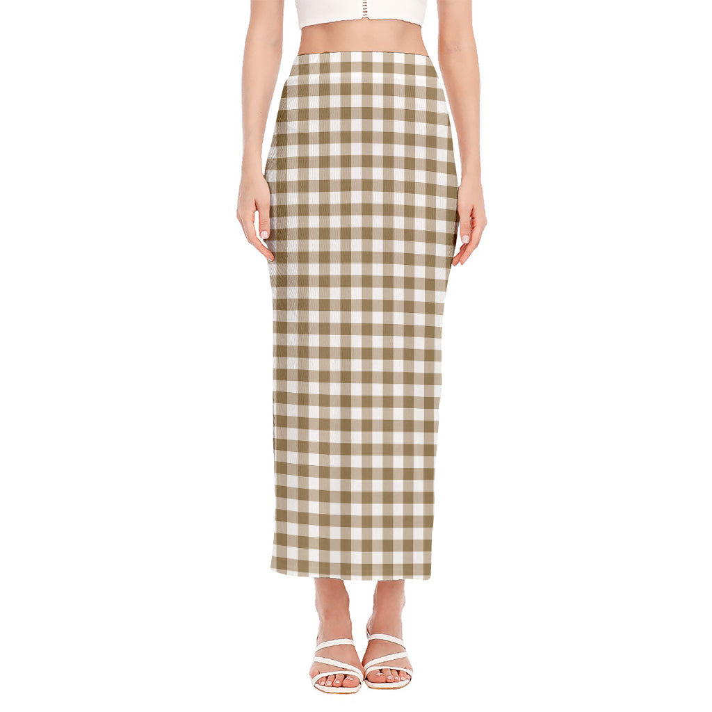 Tan And White Gingham Pattern Print Side Slit Maxi Skirt
