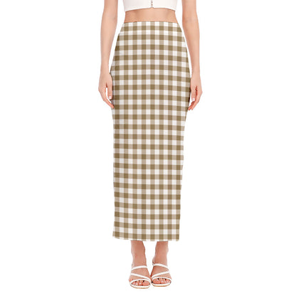 Tan And White Gingham Pattern Print Side Slit Maxi Skirt
