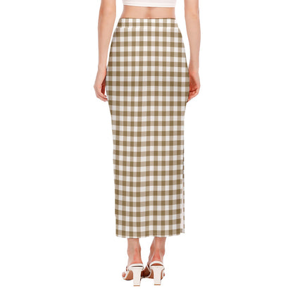 Tan And White Gingham Pattern Print Side Slit Maxi Skirt