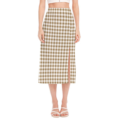 Tan And White Gingham Pattern Print Side Slit Midi Skirt