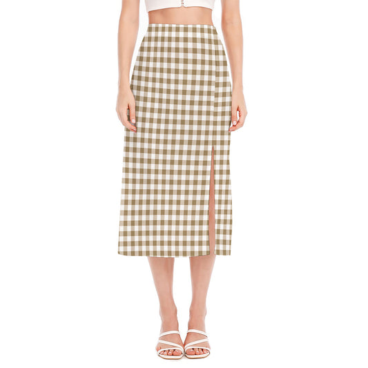 Tan And White Gingham Pattern Print Side Slit Midi Skirt