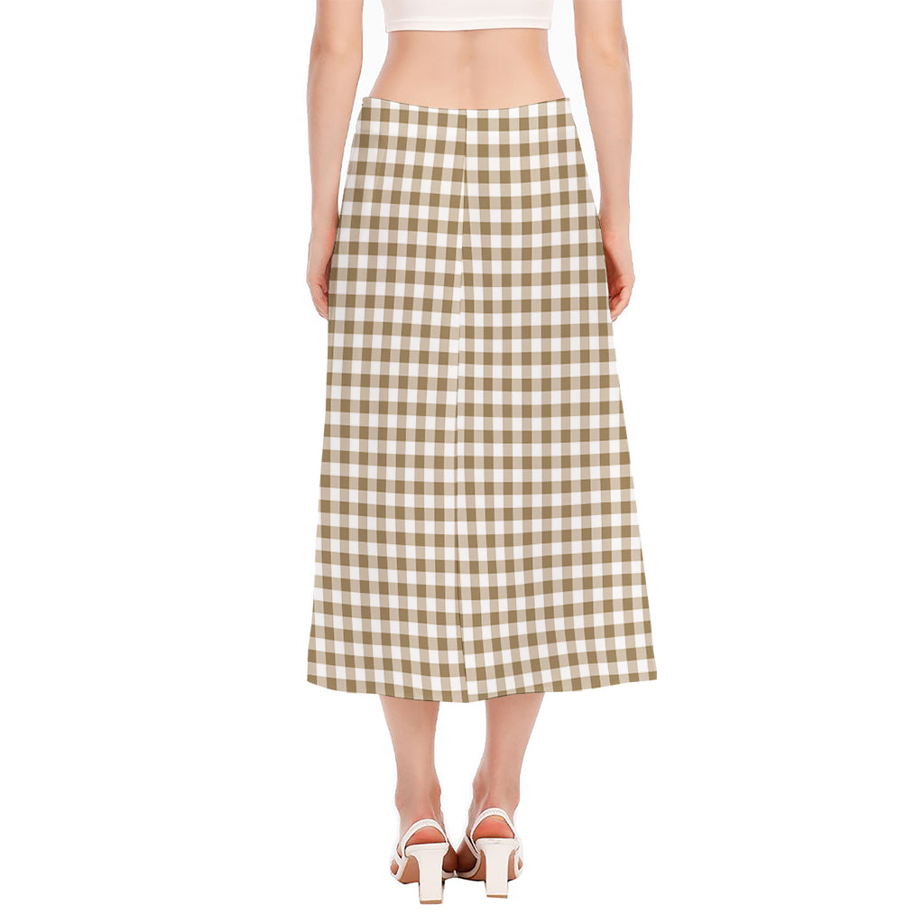 Tan And White Gingham Pattern Print Side Slit Midi Skirt