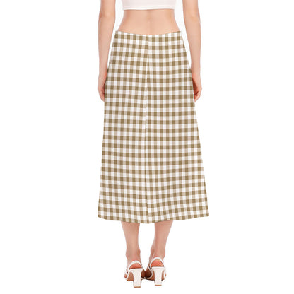 Tan And White Gingham Pattern Print Side Slit Midi Skirt