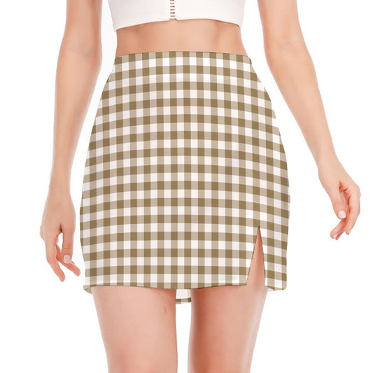 Tan And White Gingham Pattern Print Side Slit Mini Skirt