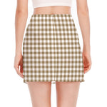 Tan And White Gingham Pattern Print Side Slit Mini Skirt