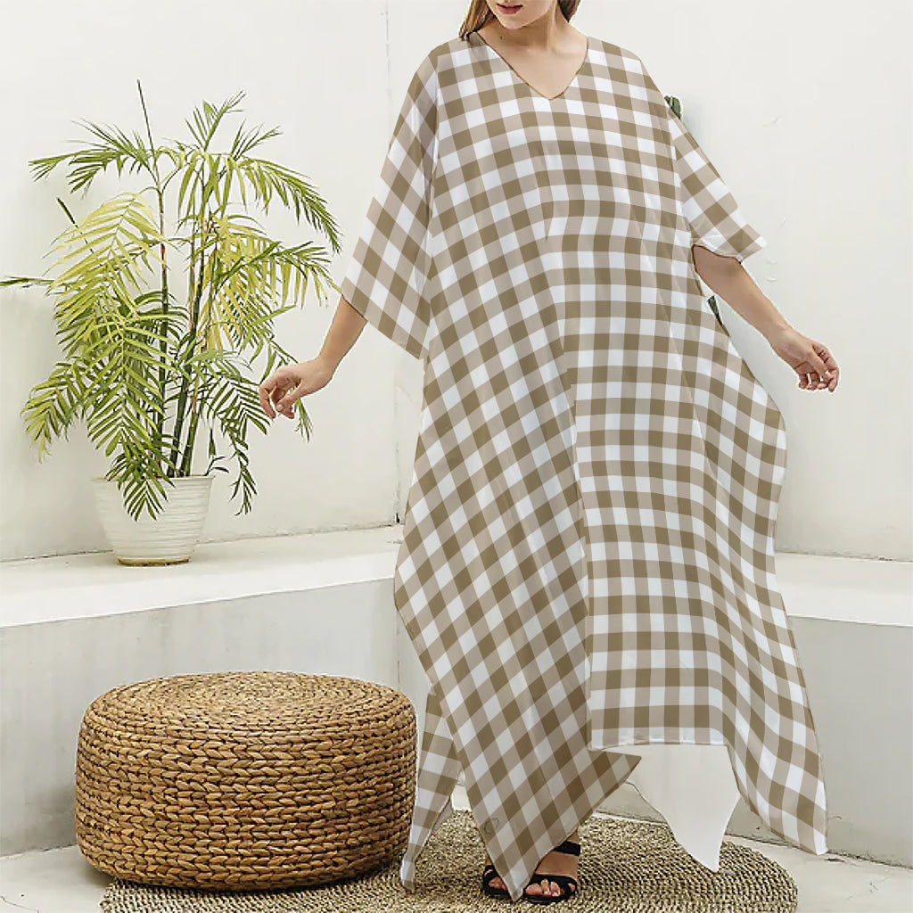 Tan And White Gingham Pattern Print Silk V-Neck Kaftan Dress
