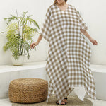 Tan And White Gingham Pattern Print Silk V-Neck Kaftan Dress