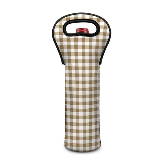 Tan And White Gingham Pattern Print Single Neoprene Wine Tote