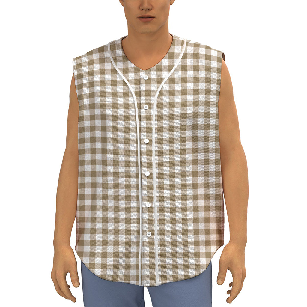 Tan And White Gingham Pattern Print Sleeveless Baseball Jersey
