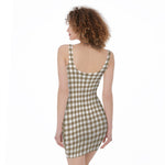 Tan And White Gingham Pattern Print Sleeveless Bodycon Dress