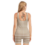 Tan And White Gingham Pattern Print Sleeveless One Piece Swimsuit