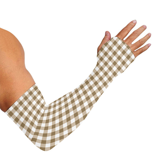 Tan And White Gingham Pattern Print Sun Protection Arm Sleeves