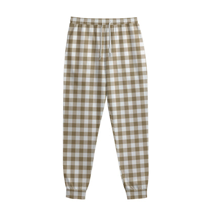 Tan And White Gingham Pattern Print Sweatpants