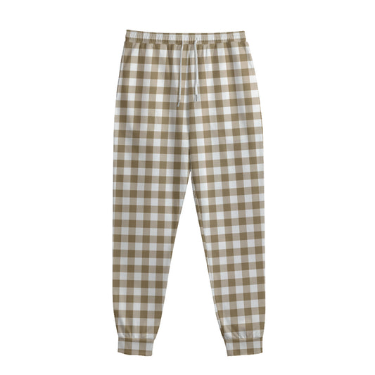 Tan And White Gingham Pattern Print Sweatpants