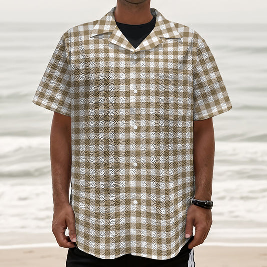 Tan And White Gingham Pattern Print Textured Short Sleeve Shirt