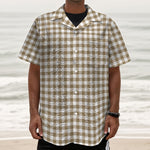 Tan And White Gingham Pattern Print Textured Short Sleeve Shirt