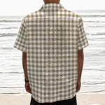 Tan And White Gingham Pattern Print Textured Short Sleeve Shirt