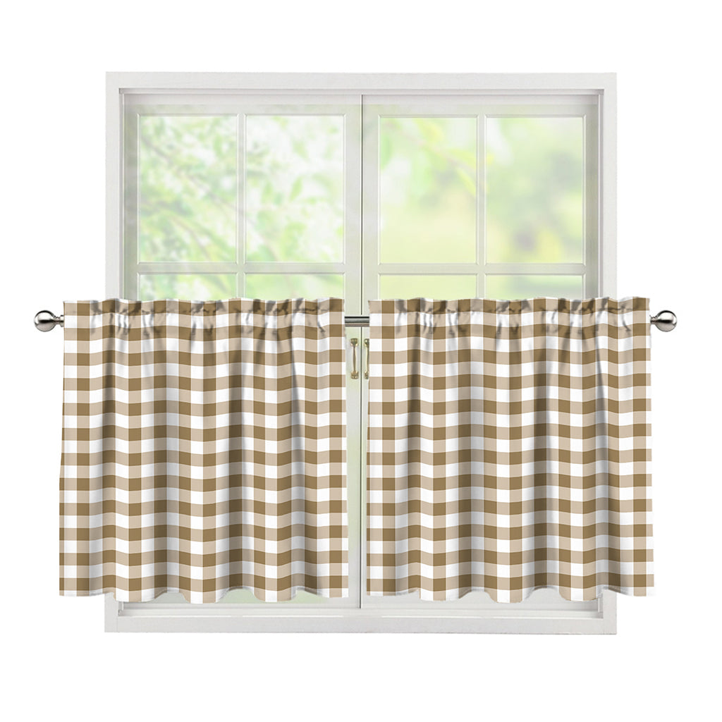 Tan And White Gingham Pattern Print Tier Curtains