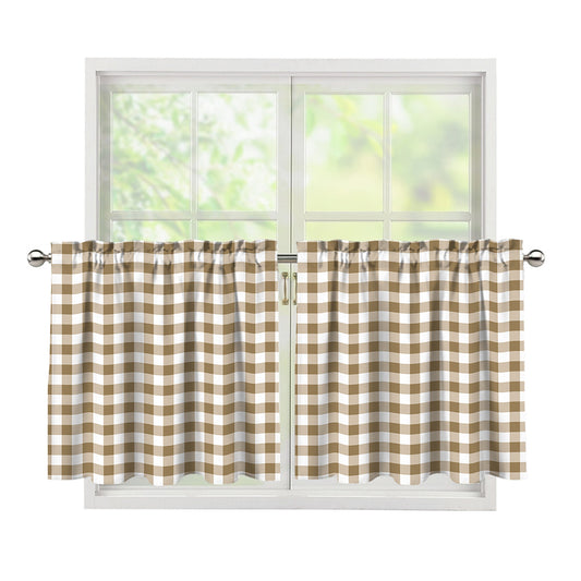Tan And White Gingham Pattern Print Tier Curtains